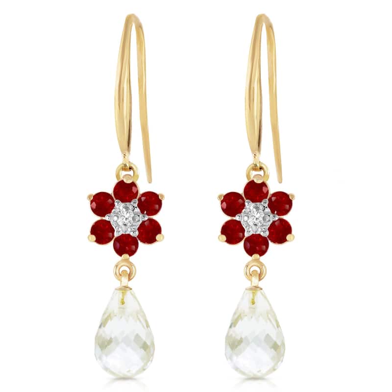 14K Solid Gold Hook Earrings w/ Diamonds, Rubies & Rose Topaz