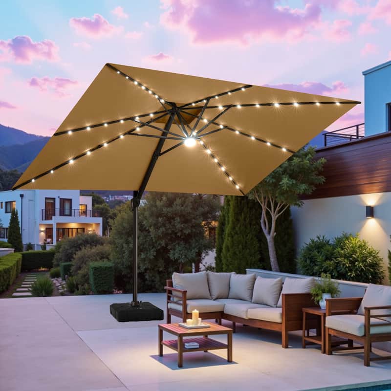 9 x11 FT Double Top LED Lighted Cantilever Patio Umbrella Rectangle with Base