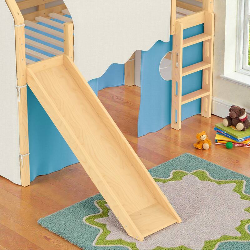House Loft Bed with Slide & Tent, Solid Wood Kids Bed w/ Ladder, Guardrails, Playhouse Design, No Box Spring Needed
