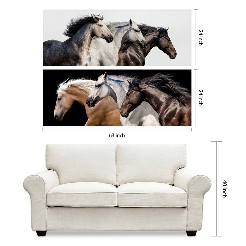 Horse Glass Wall Art Printed on Frameless Free Floating Tempered Glass Panel - Black