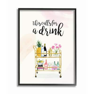 Stupell Calls for a Drink Quote Glam Cart Cocktail Alcohol Watercolor Framed Wall Art