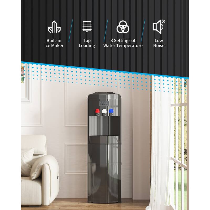 3 in 1 Water Dispenser with Ice Maker, Cold/Hot Temperature, 3 or 5 Gallon, Top Loading,Black