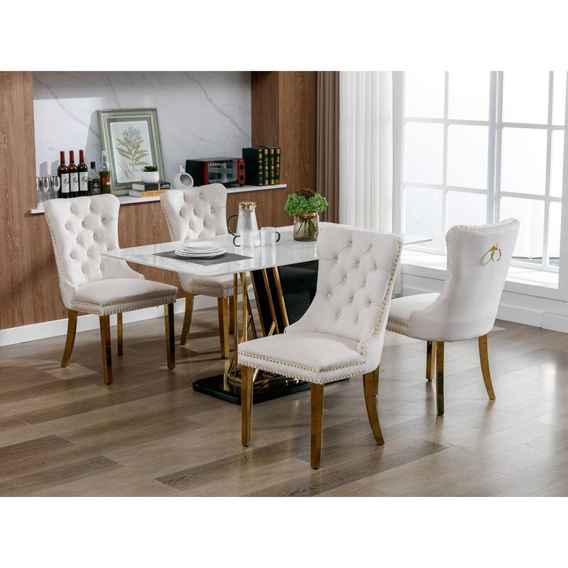 Set of 2 Velvet Dining Chairs with Nailhead Trim and Gold-Plated Legs