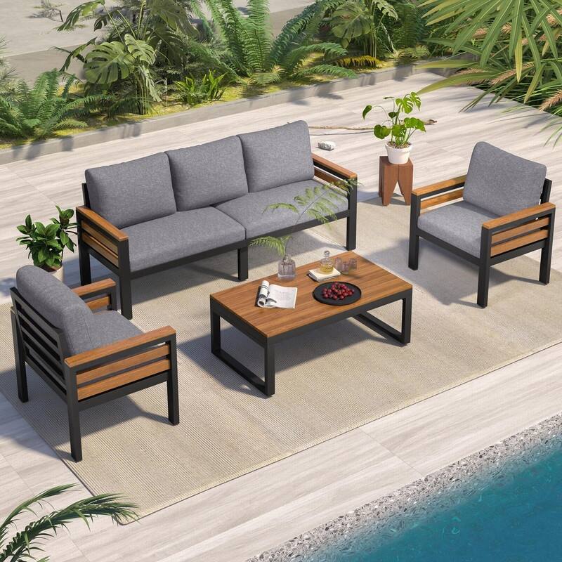 5-Person Outdoor Sofa Set with Acacia Wood Armrests and Removable Cushions - Black/Grey