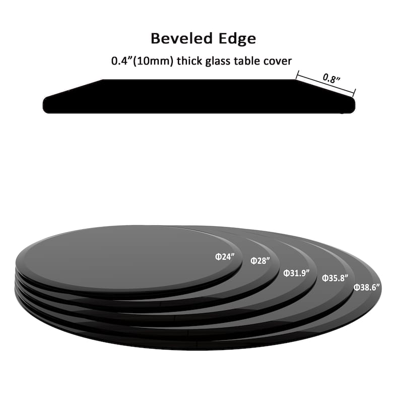 36" Inch Round Tempered Glass Table Top Black Glass 2/5" Inch Thick Beveled Polished Edge