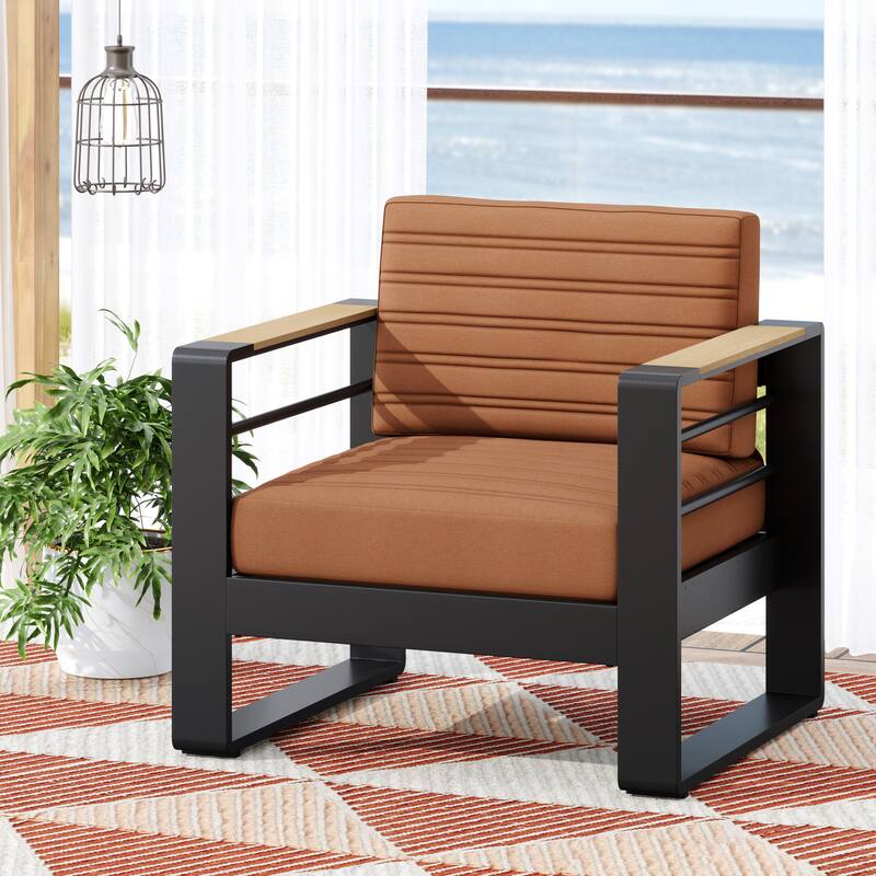 Roomfitters Modern Outdoor Club Chair with Slatted Metal Frame, Weather-Resistant Cushions and Wooden Armrests - Brown