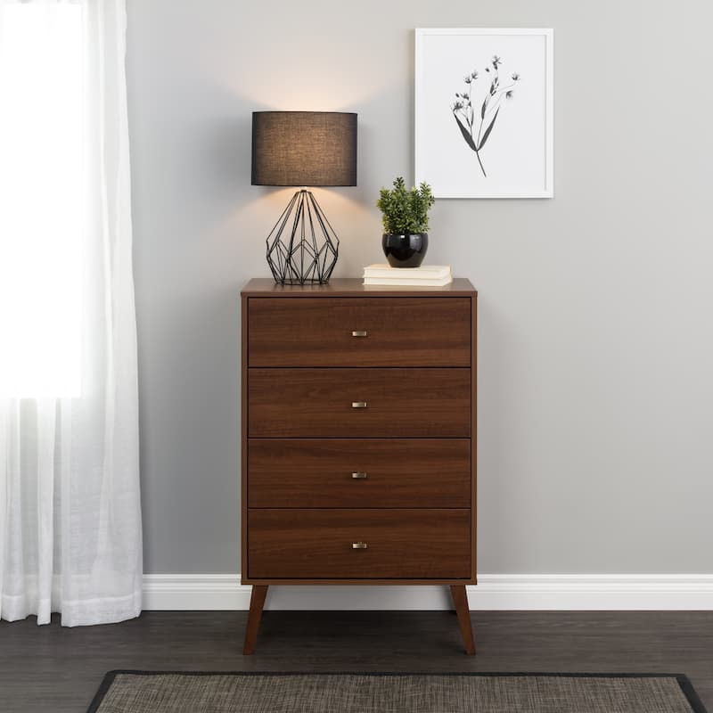 Prepac Milo Mid-Century Modern 4 Drawer Chest of Drawers, Contemporary Bedroom Furniture, Small Dresser for Bedroom - Cherry