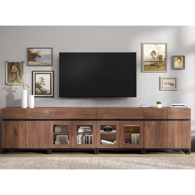 Modern TV Stand for 120" TVs, 4-in-1 Console with Glass Doors & 2 Drawers