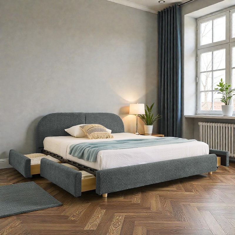 Upholstered Bed Frame with Tall Curved Headboard and Storage Drawers, Modern Minimalist Platform Bed No Box Spring