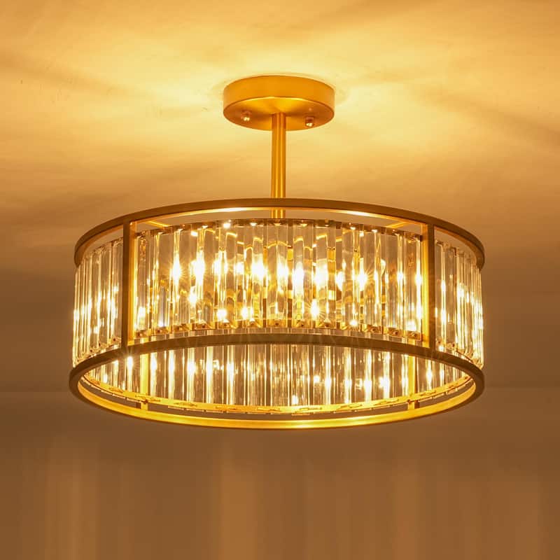 4-Light Mid-Century Modern Black/Gold Drum Crystal Semi-Flush Mount Ceiling Light