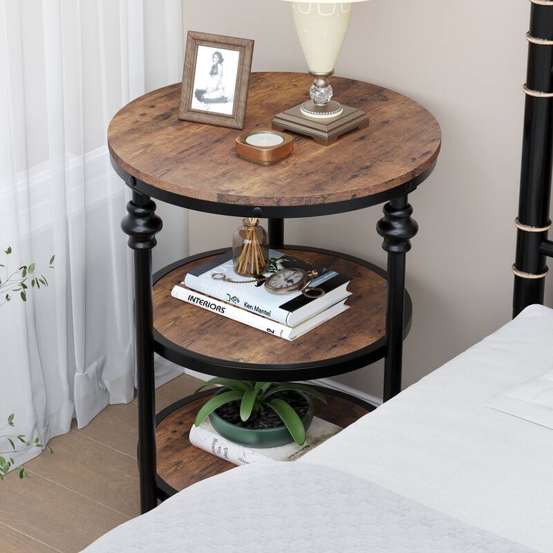 End Table 3-Tier Round Side Table with Storage Shelf