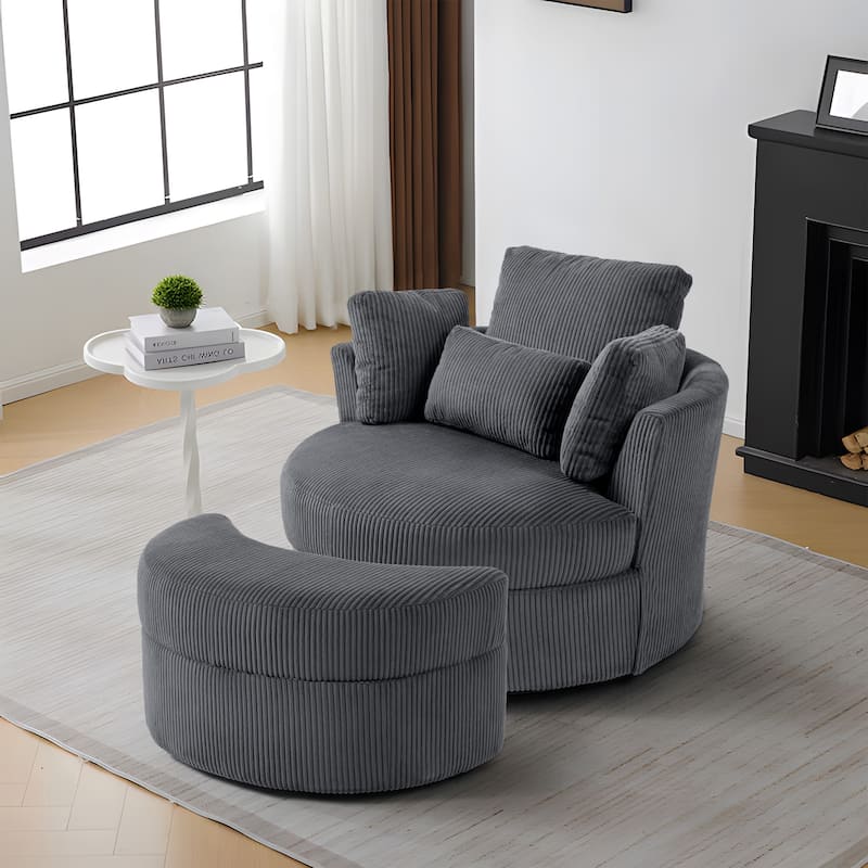 Upholstered Swivel Accent Chair with Wooden Tray Storage Ottoman
