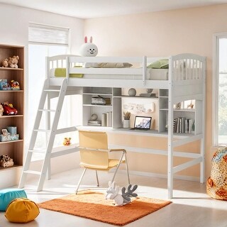 Twin size Loft Bed with Storage Shelves, Desk and Ladder, White