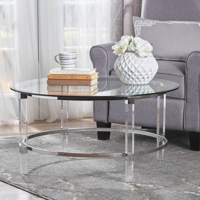 Clear Tempered Glass Round Coffee Table with Acrylic Legs, 35.5" Diameter