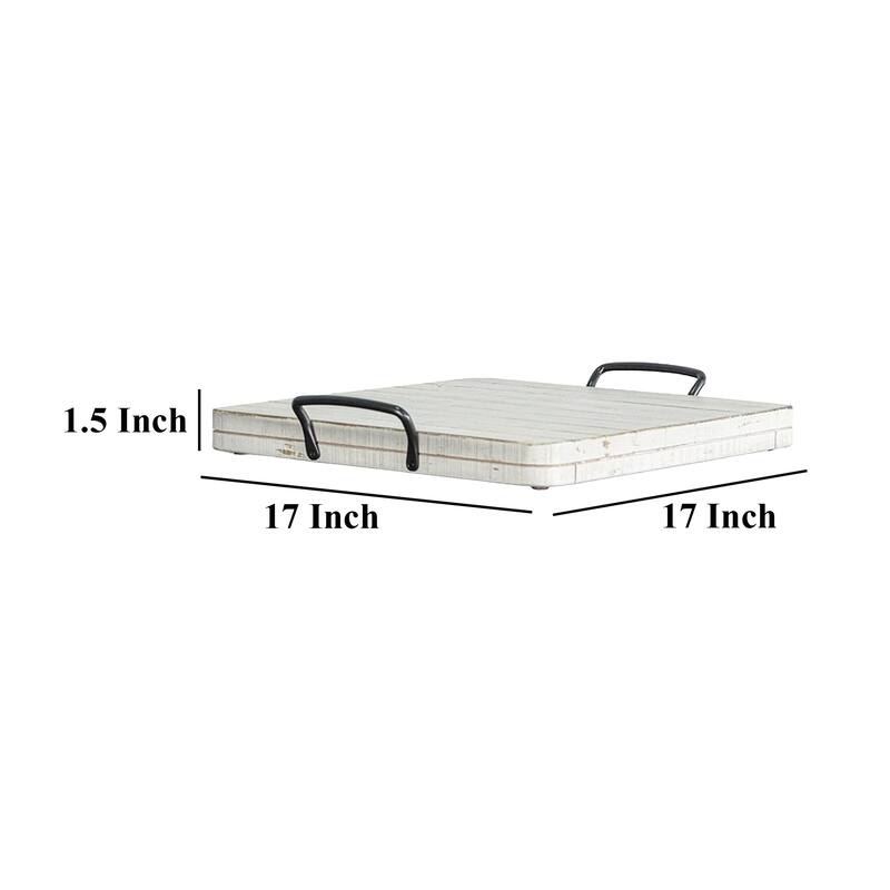 Rena Ottoman Tray, Metal Handles, 17 Inch Distressed White Mahogany