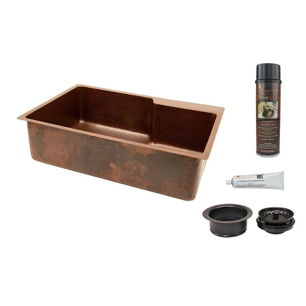 Premier Copper Products KSP3_KSFDB33229 33" Single Basin Drop In / Undermount 14-Gauge Copper Kitchen Sink with Matching Drain