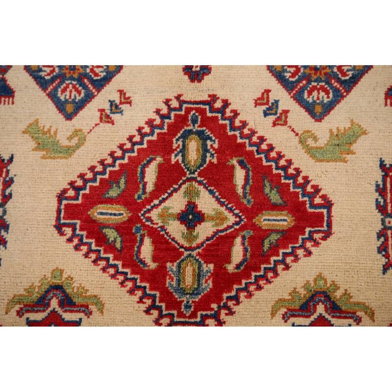 Geometric Kazak Accent Rug Hand-Knotted Beige Wool Carpet - 3'3" x 5'1"