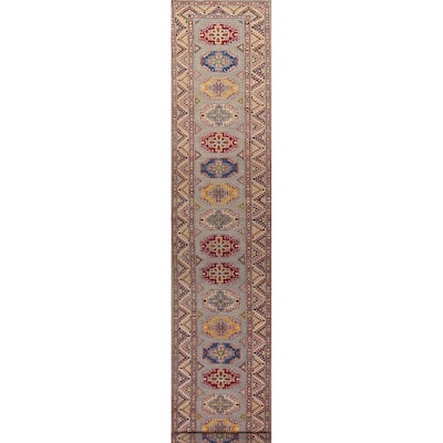 Grey Traditional Kazak Oriental Runner Rug Handmade Wool Carpet - 2'8" x 19'4"