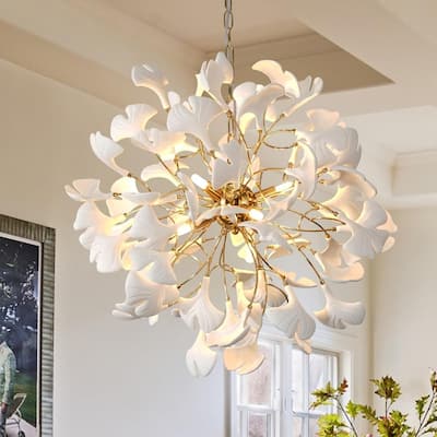 KAYLA Sputnik Chandelier - 23.6" Modern Gold Tree Branch Chandelier with Ceramic Ginkgo Leaves