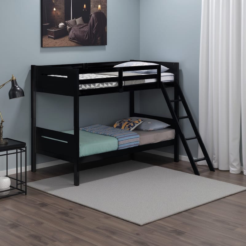 Amey Wood Twin Bunk Bed with Angled Ladder, Guardrail, Slat Kit, Black
