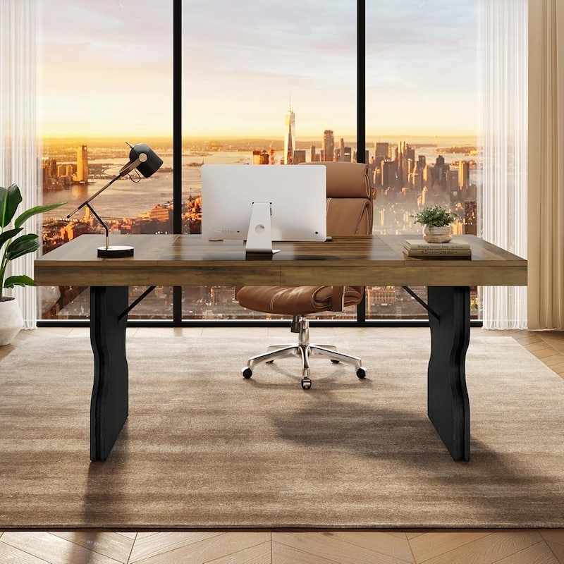 63-Inch Executive Desk, Computer Table with Hourglass Shape Legs