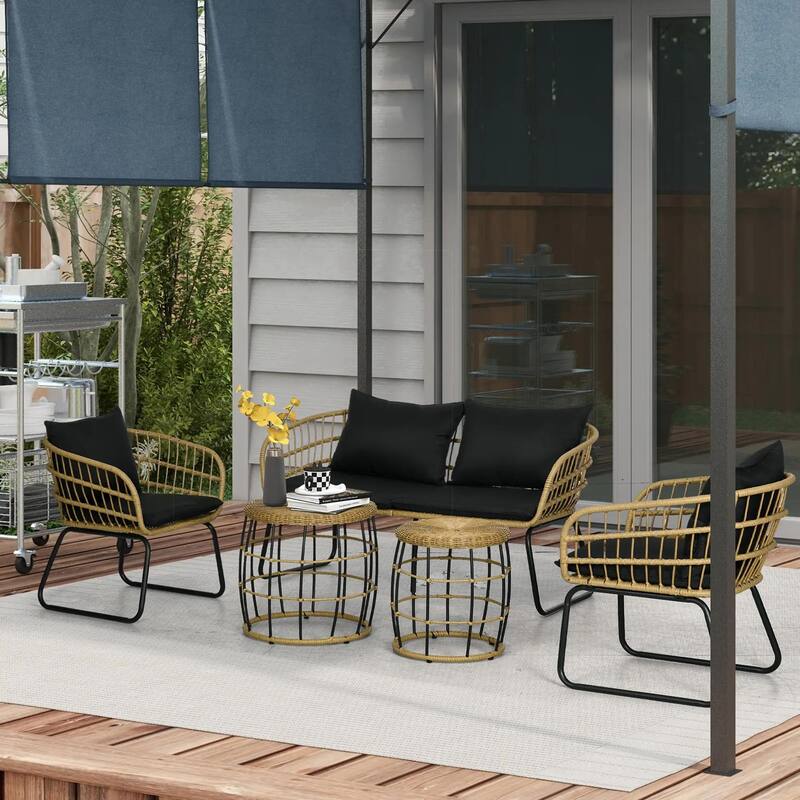 5PC PE Rattan Outdoor Furniture Set with Cushioned Chairs,Sofa,Table