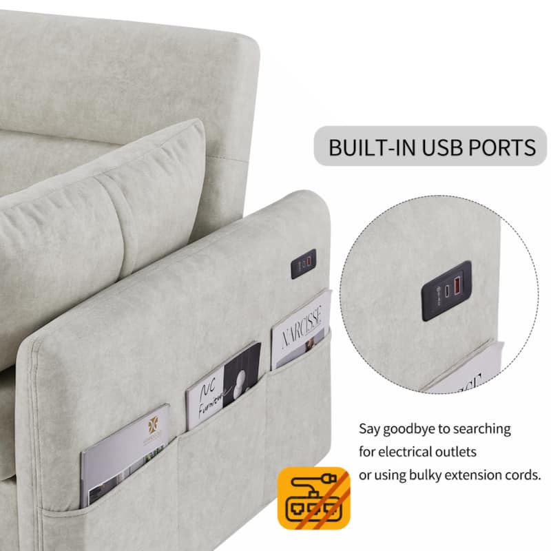 55.1" Pull Out Sleep Sofa Bed Loveseats Sofa Couch with Adjsutable Backrest,Storage Pockets,2 Soft Pillows,USB Ports,Beige
