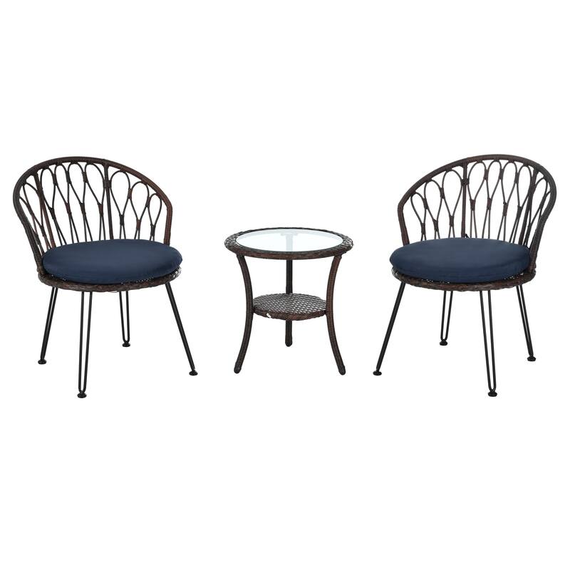 3-Piece Outdoor Patio Rattan Conversation Leisure Chairs Set with 2 Chair and Glass Coffee Table