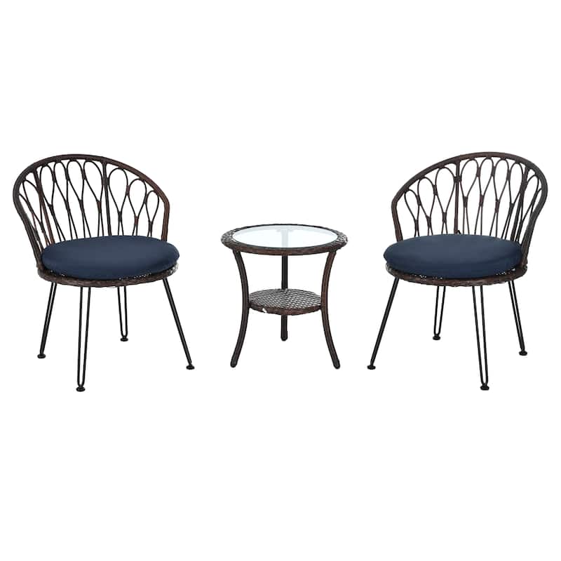 3 Pieces Rattan Bistro Set with A Glass Round Table for Patio
