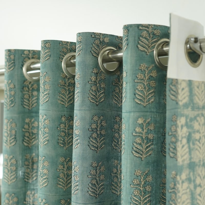 Fabdivine Handmade Soft Pure Linen Fabric Eyelet Curtain Block Print Floral Drape