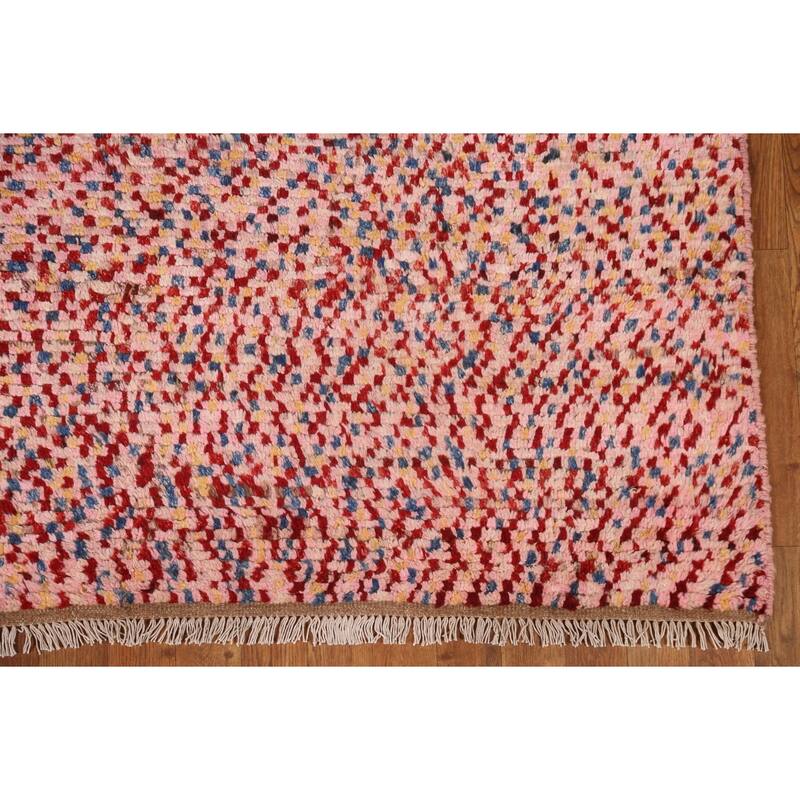Hand Knotted Oriental 100% Wool Carpet Modern Checkered Pink Moroccan Area Rug - 8' 2'' X 5' 5''