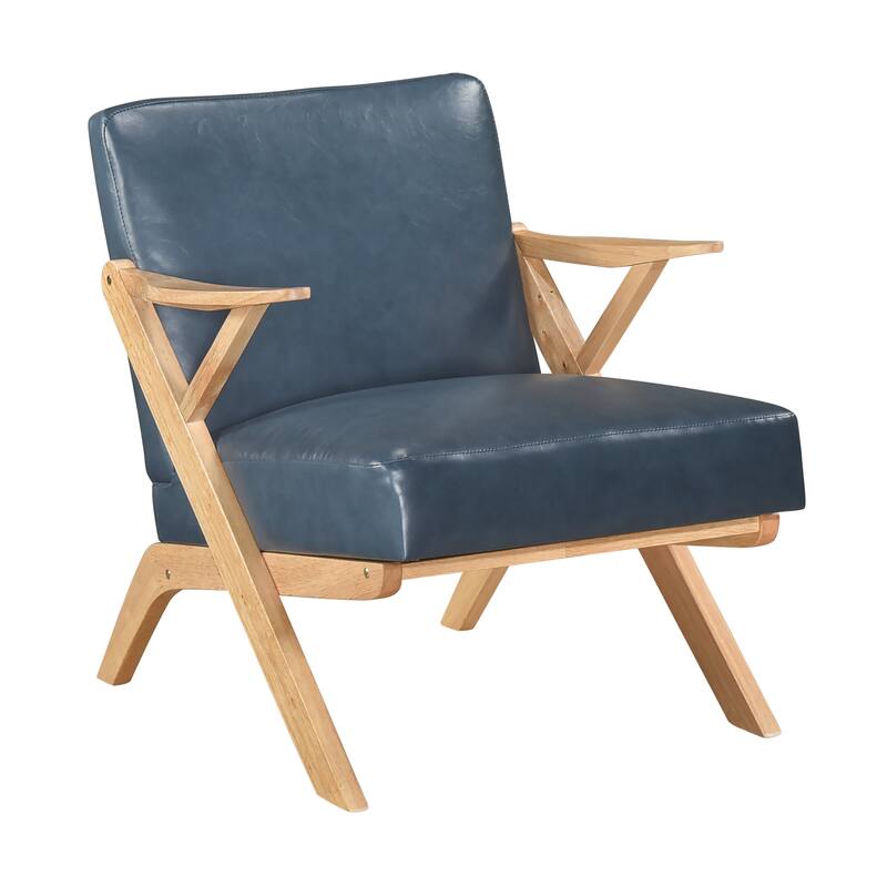 Rhys 26.5" Faux Leather Accent Chair - Solid Rubberwood Frame - Blue (Natural Finish)