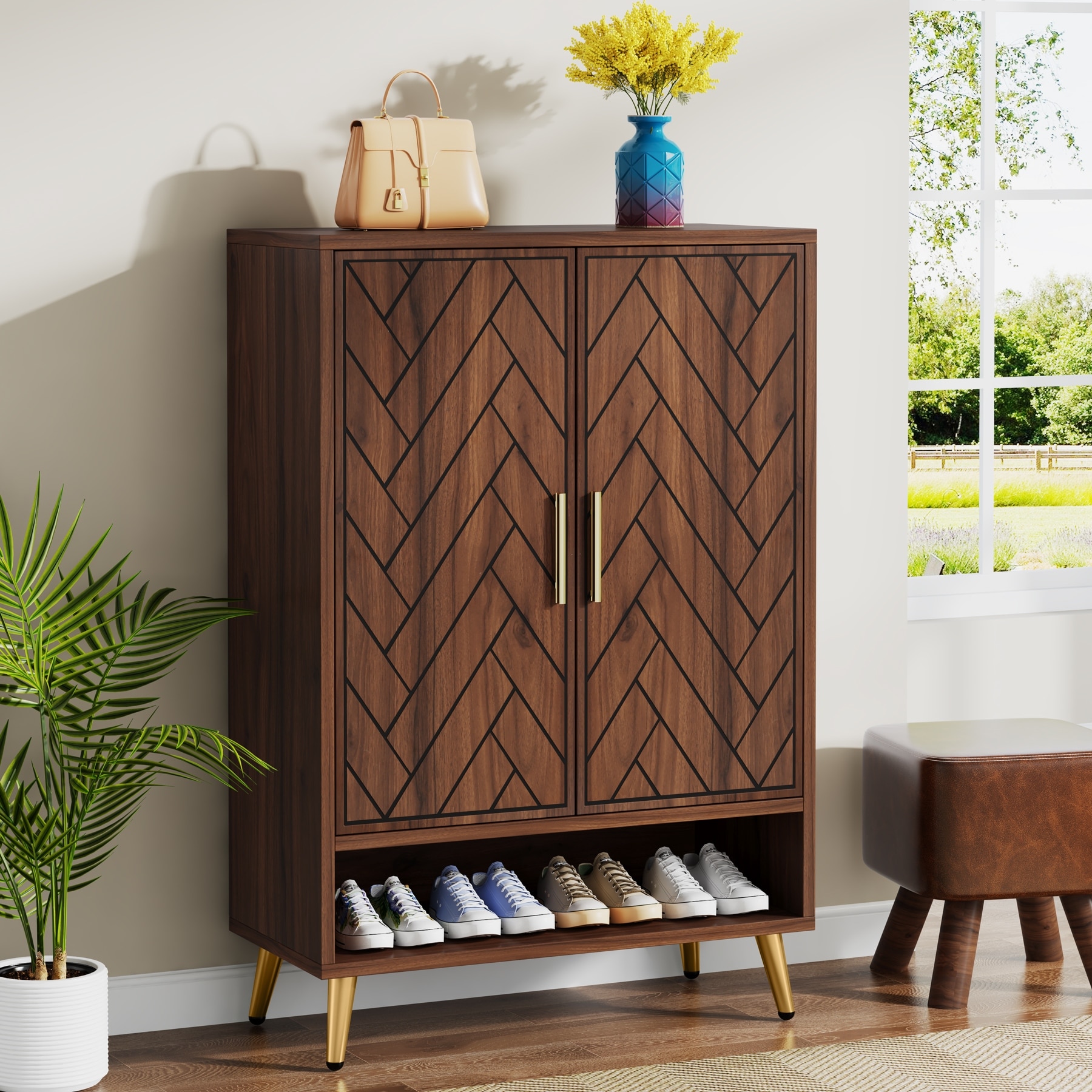 Walnut Shoe Cabinet, 6-Tier Wooden Shoe Organizer with Stable Leg