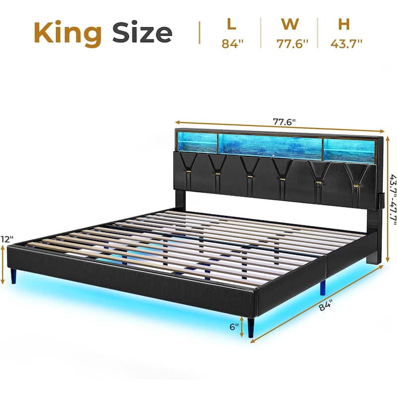 Bed Frame Storage Headboard RGB LED Lights Upholstered Platform