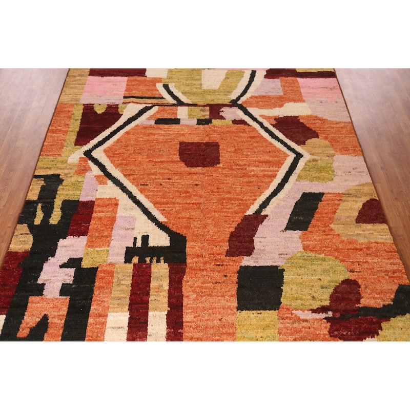 Geometric Moroccan Oriental Area Rug Orange Hand-Knotted Wool Carpet - 7'1" x 9'8"