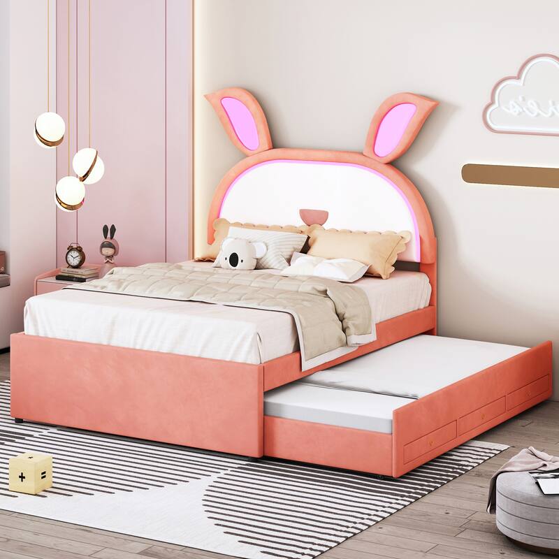 Upholstered Platform Bed with Trundle and Drawers