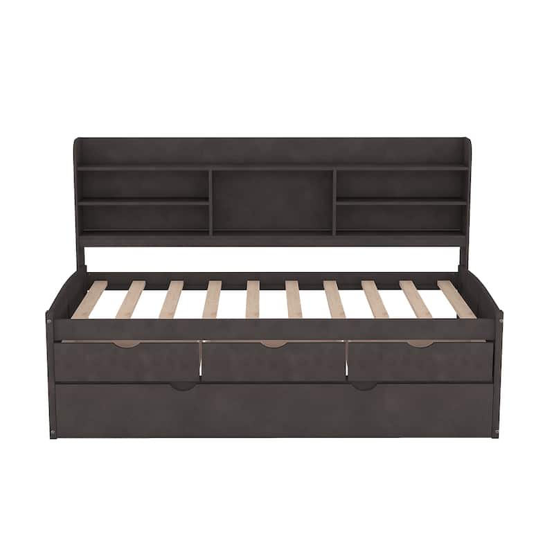 Twin Size Wooden Captain Bed with Bookshelves, 3 Drawers, Trundle