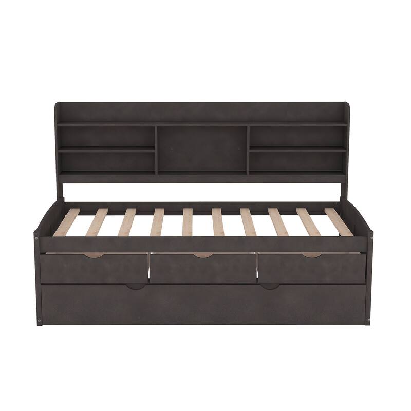 Twin Wooden Captain Bed with Bookshelves, 3 Storage Drawers, and Trundle