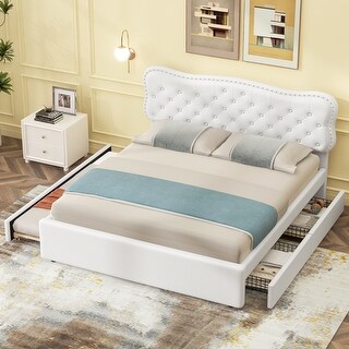 Elegant Queen Size Platform Bed with Storage Headboard, White