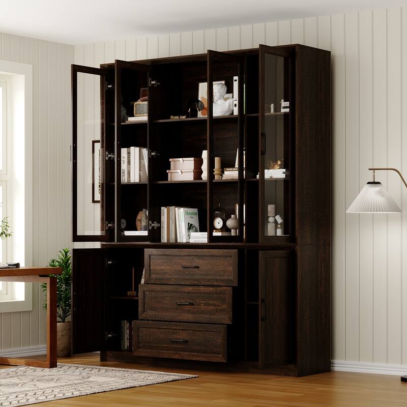 79.6" Tall Glass Display Cabinet, 6-Tier Bookshelf with Drawers Bookcae Panrty