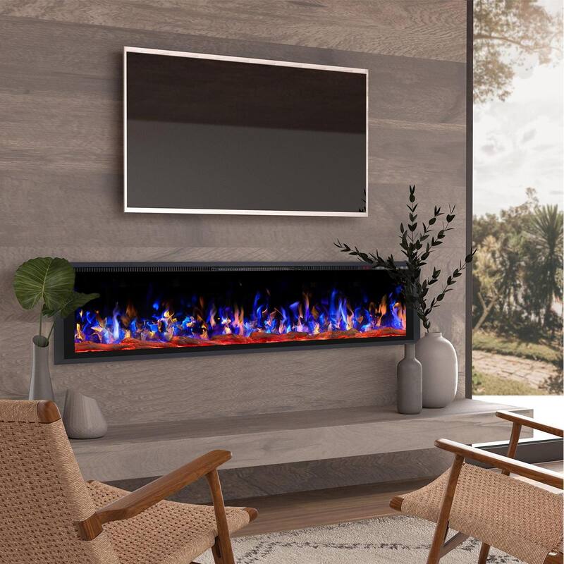 BOSSIN Recessed Wall Mount Electric Fireplace - Ultra-Narrow Frame, Low Noise, Remote w/Timer, Adjustable Flame Color & Speed