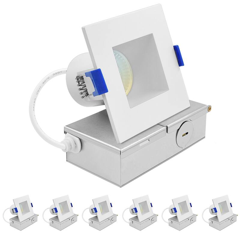 Luxrite 3 in. Square LED Recessed Ceiling Light J-Box 8W 5CCT 740 Lumens Wet Rated IC Rated ETL 6 Pack - Color Temperature Selectable 27K/30K/35K/40K/50K