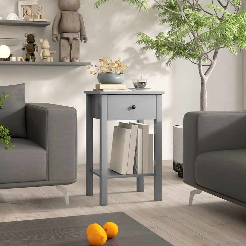 2-tier Modern Side Table with Drawer and Bottom Shelf