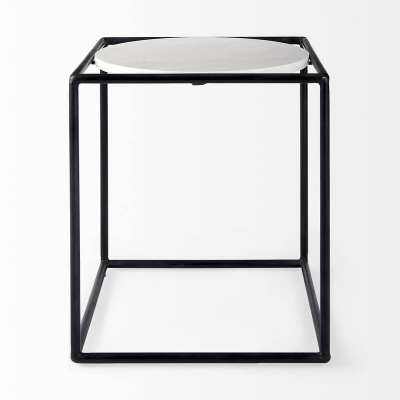 Suspended White Marble Black Metal Geo Side Table - 22" H x 20" W x 20" D