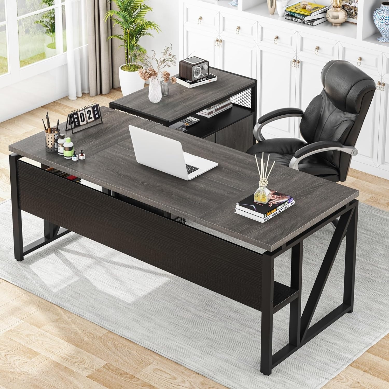 63-inche L Shaped Desk with Lateral Cabient, 2 piece Home Office Executive Desk with Drawer Shelf