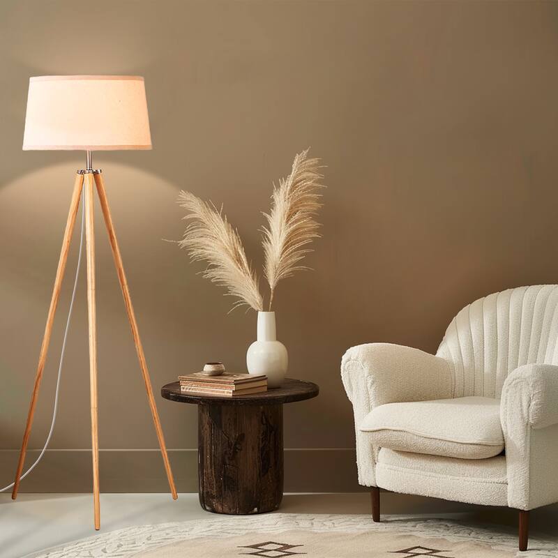 Brightech Emma 61 in. Mid-Century Modern LED Super Bright Floor Lamp with Beige Fabric Drum Shade