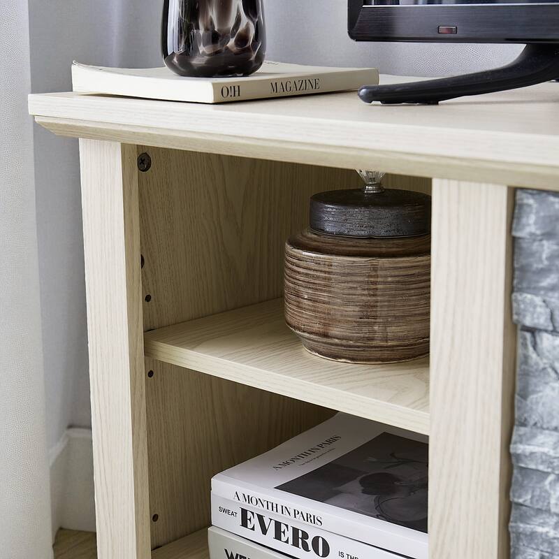 Mantel Stone 58" TV Stand with Faux Stacked Stone Surround, Modern Media Console with Open Storage & Cable Management