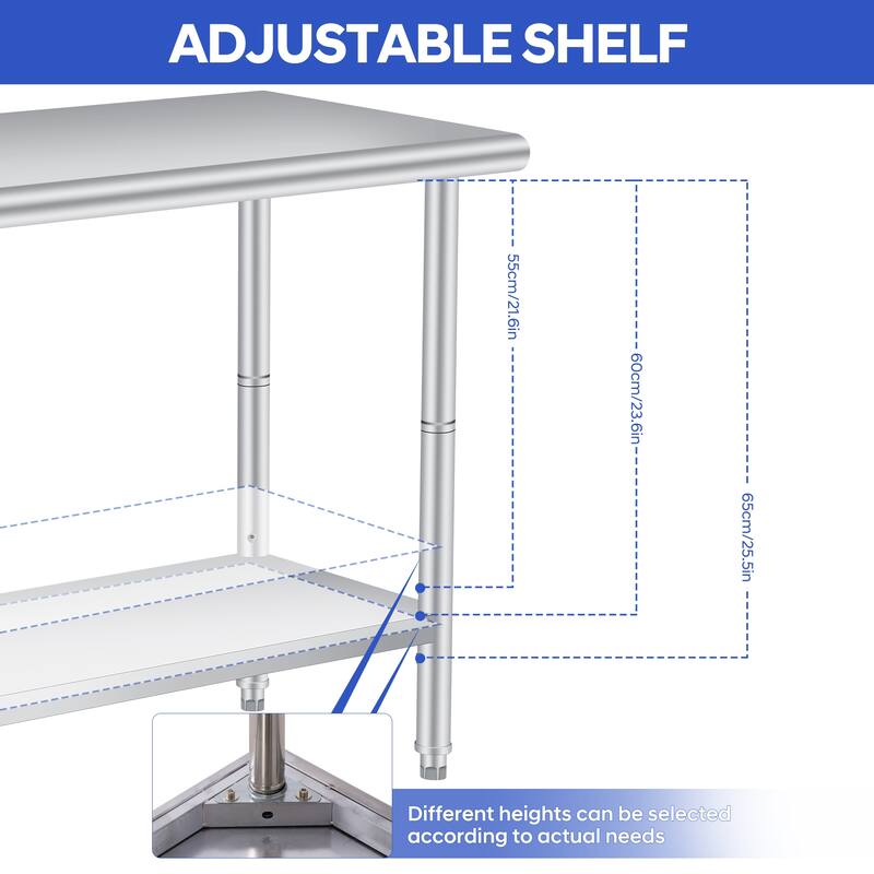 Double Layered Stainless Steel Work Table, Curved Edge Workbench with hooks