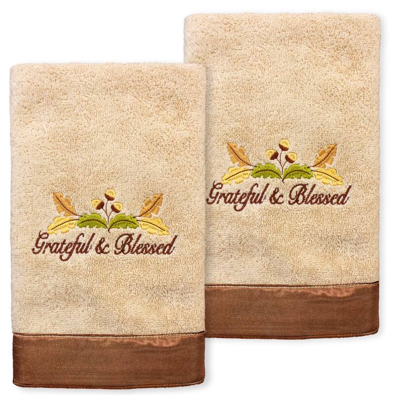 Authentic Hotel and Spa Blessed - Embroidered Luxury 100% Turkish Cotton Hand Towels (Set of 2) - Sand
