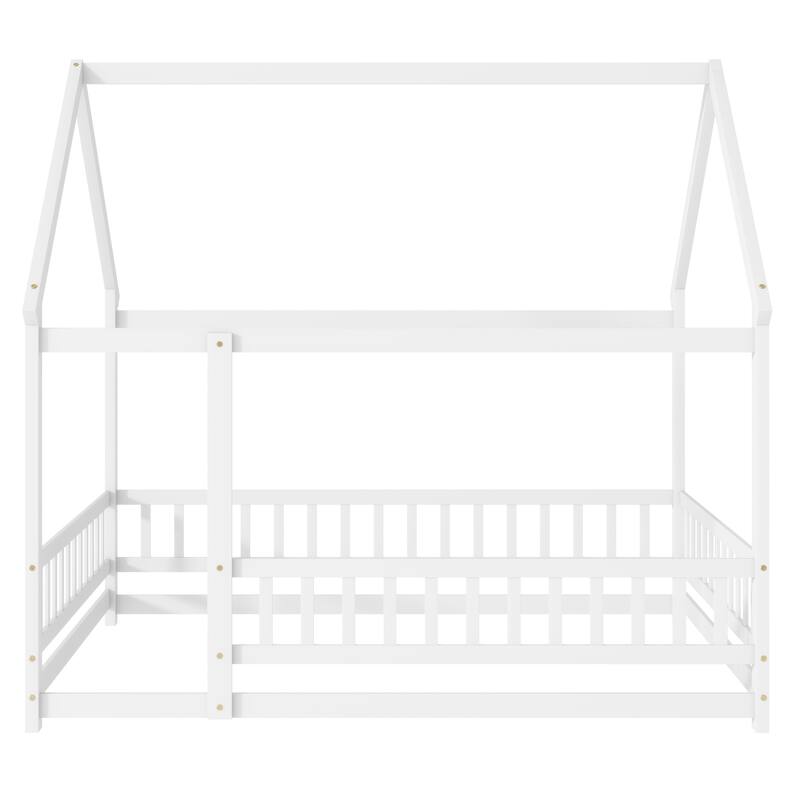 Full Size Wooden House Floor Bed with Roof Frame and Safety Guardrails, White